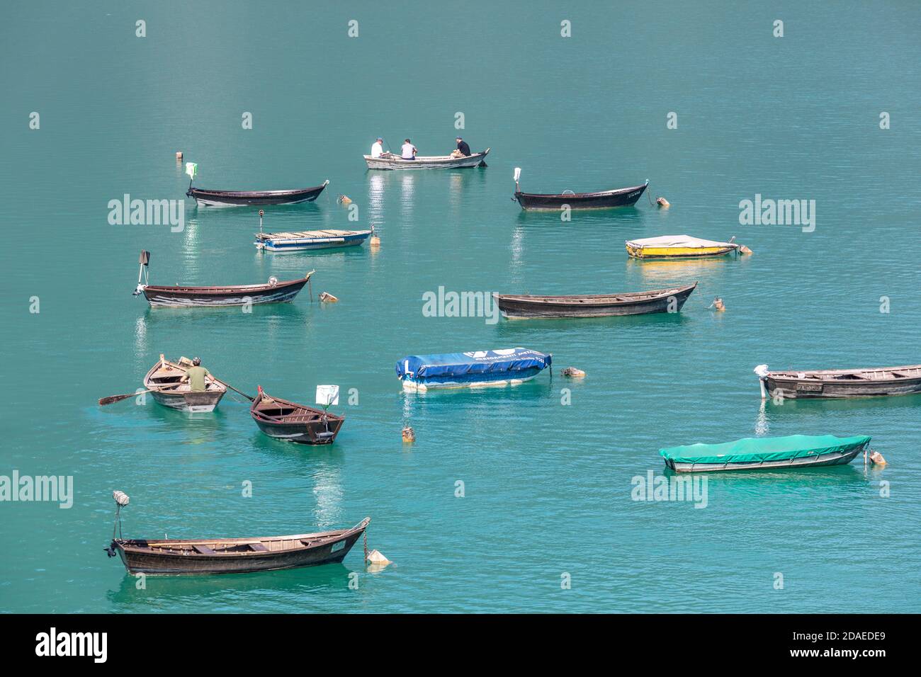 Fischerboote vor Anker auf der Poiatte, See von santa croce, farra d'Apago, alpago, belluno, venetien, italien Stockfoto