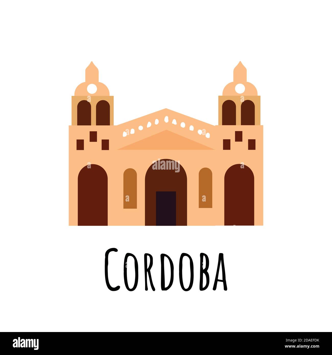 Stadt Cordoba in Argentinien. Farbiger Tempel mit dunklen Türen. Vektorgrafik isoliert auf weißem Hintergrund. Stock Vektor