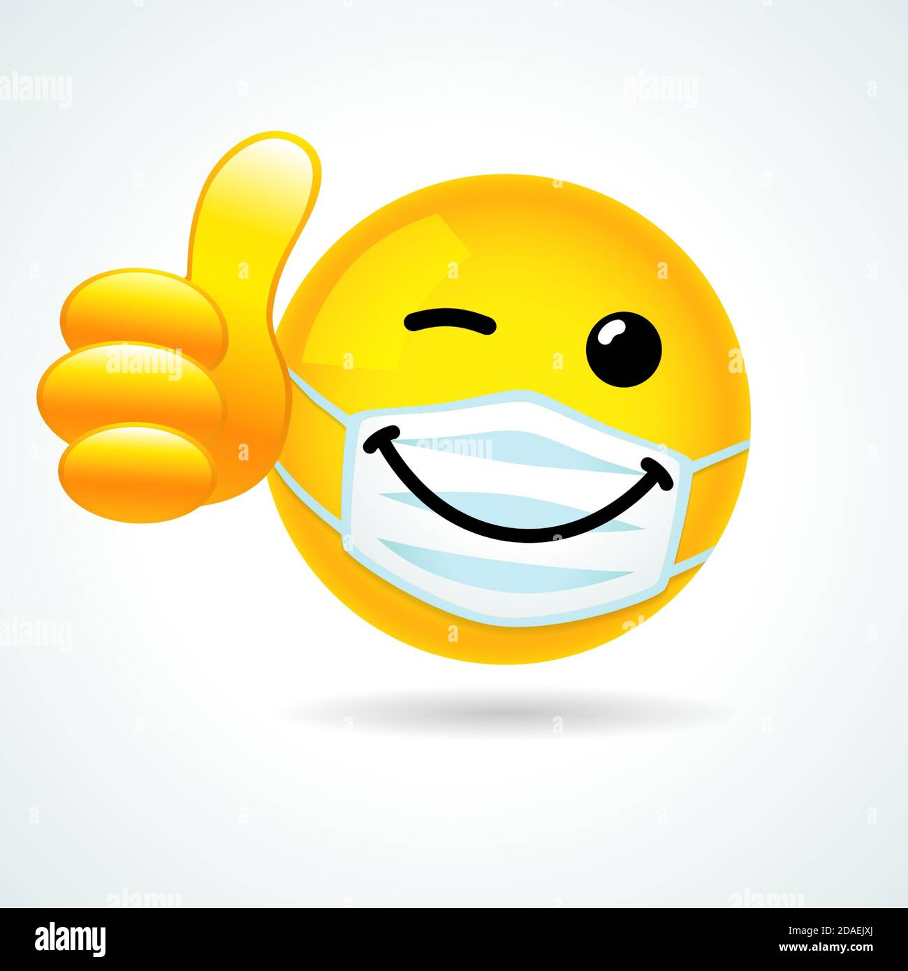Emoji Lächeln Gesicht mit Wache Mundmaske zeigt Daumen nach oben. Gelbes Augenzwinkern 3D Emoticon trägt eine weiße OP-Maske. Weltlächeltag, Banner vom 4. Oktober Stock Vektor