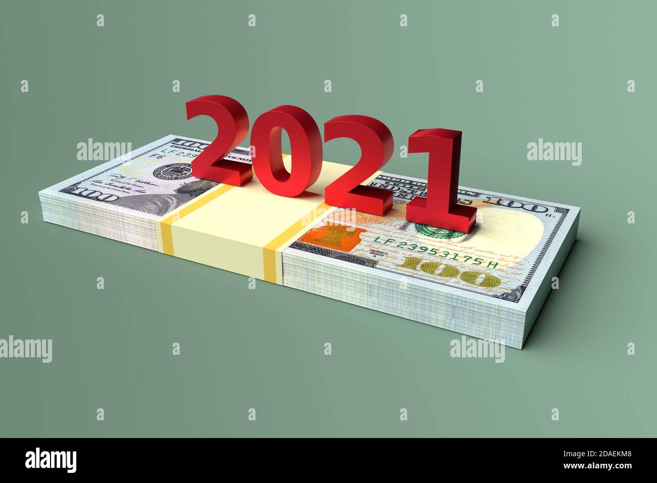 Anzahl der Neujahr 2021 auf Geld Dollar. 3d-Rendering Stockfoto