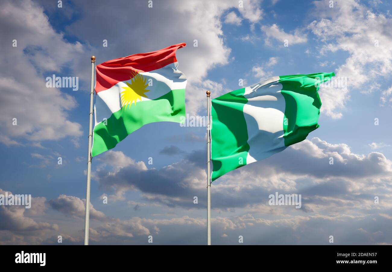 Schöne Nationalstaaten Flaggen von Kurdistan und Nigeria zusammen am Himmel Hintergrund. 3D-Artwork-Konzept. Stockfoto