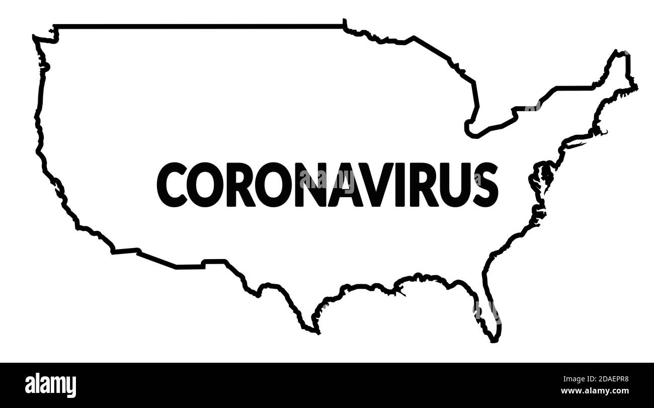 CORONAVIRUS über Kartenkontur der Vereinigten Staaten von Amerika (USA, USA, SUA) Stockfoto