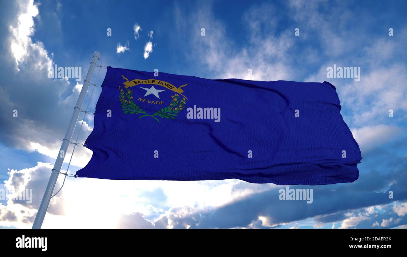 Nevada Flagge auf einem Fahnenmast winkt im Wind, blauer Himmel Hintergrund. 3d-Rendering Stockfoto