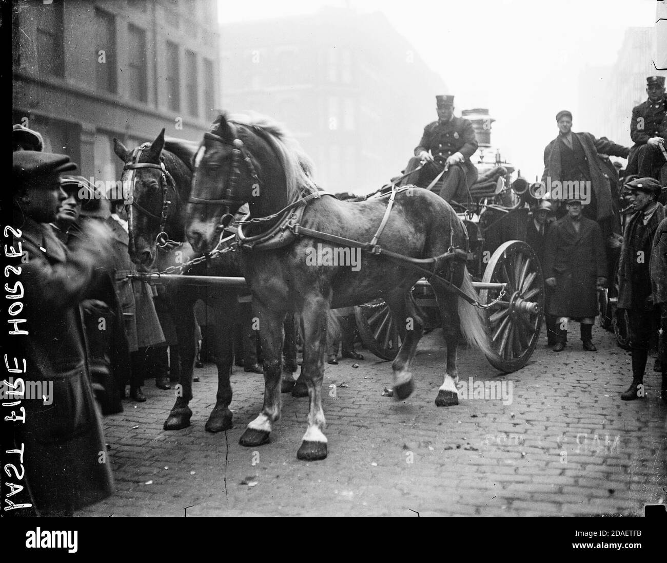 Die letzten Feuerpferde stehen gespannt auf einen Feuerwehrwagen und Stehen auf einer Straße von einer Menge umgeben Stockfoto