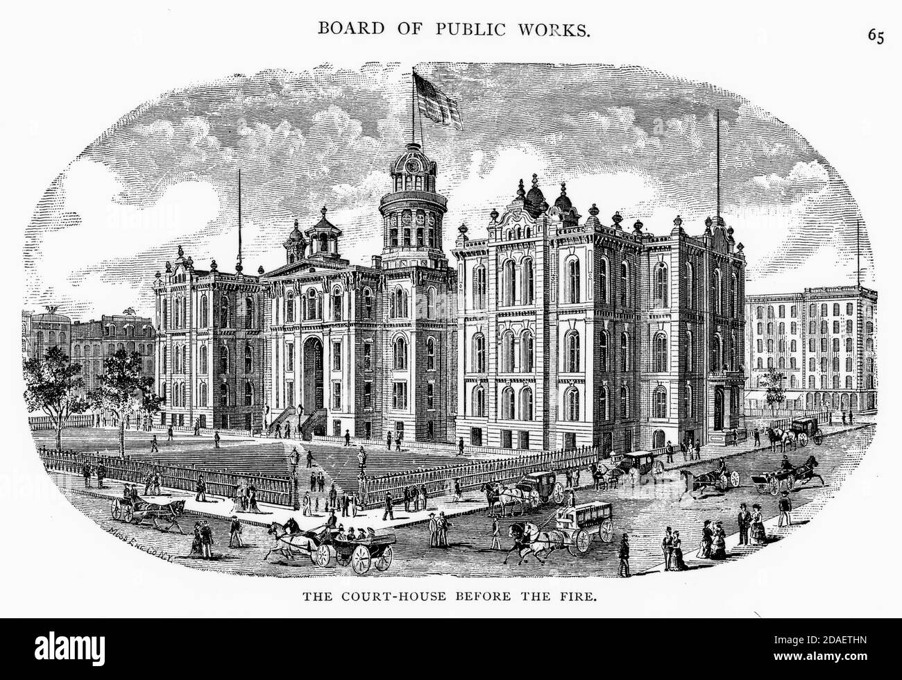 Blick auf das Äußere des Gerichtsgebäudes vor dem Great Chicago Fire von 1871. Stockfoto