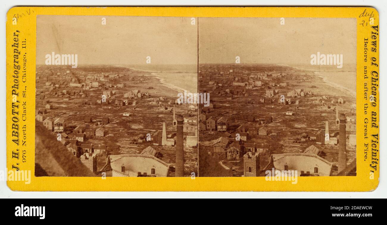 Blick nach Norden vom Water Tower nach dem Chicago Fire von 1871, aufgenommen um 1871-1872. Stockfoto