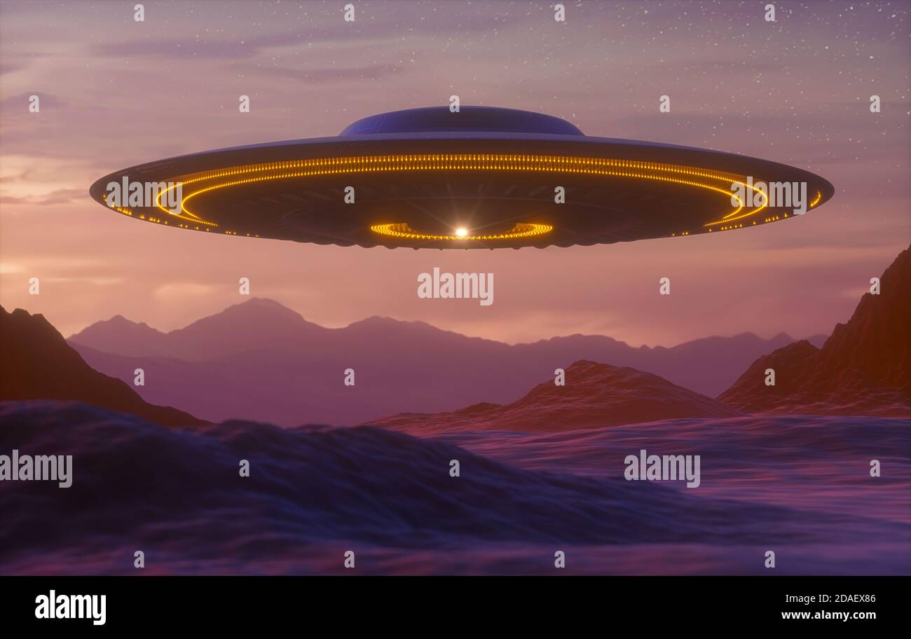 Unbekanntes Flugobjekt - UFO. Science Fiction Bild Konzept der Ufologie und das Leben des Planeten Erde. Beschneidungspfad enthalten. Stockfoto