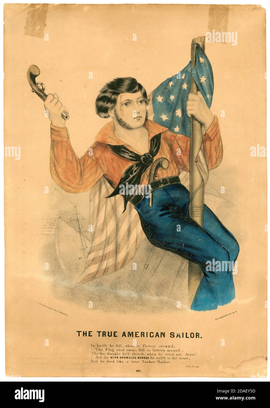 Lithographie mit dem Titel The True American Sailor, zeigt einen Matrosen, der einen Revolver hält und an einem Fahnenmast mit der amerikanischen Flagge hängt, circa 1838-1856. Stockfoto