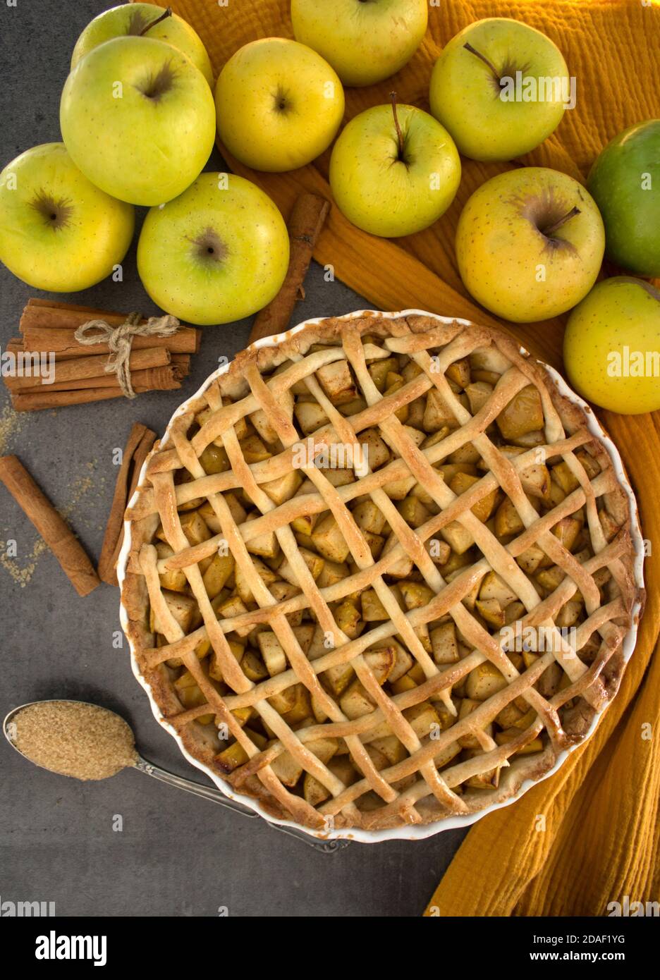 Apfelkuchen mit Gitterdekor. Hausgemachte Dessert Kuchen Draufsicht Foto. Grauer Hintergrund. Stockfoto