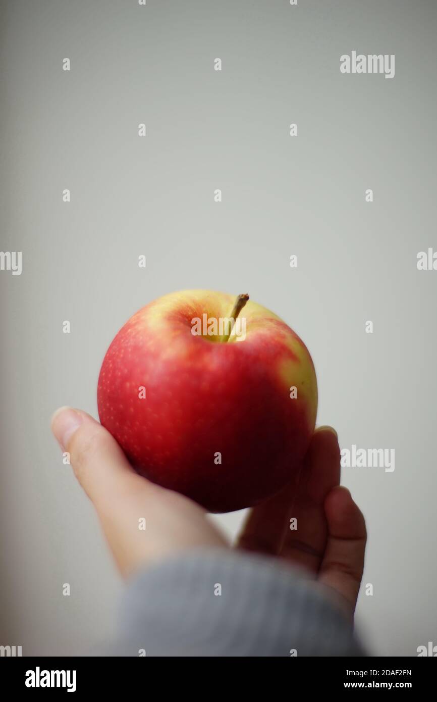 Reifer roter Apfel in weiblichen Fingern. Weißer Background. Seitenansicht. Stockfoto