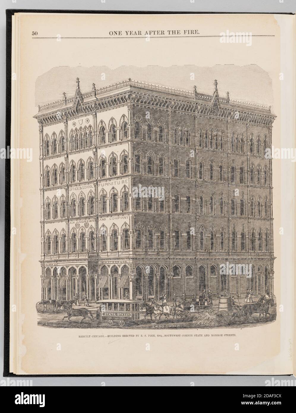 Das Gebäude wurde nach dem Chicago Fire von 1871 an der südwestlichen Ecke der State Street und Monroe Street von E.S. errichtet Pike, Chicago, Illinois, um 1872. Stockfoto