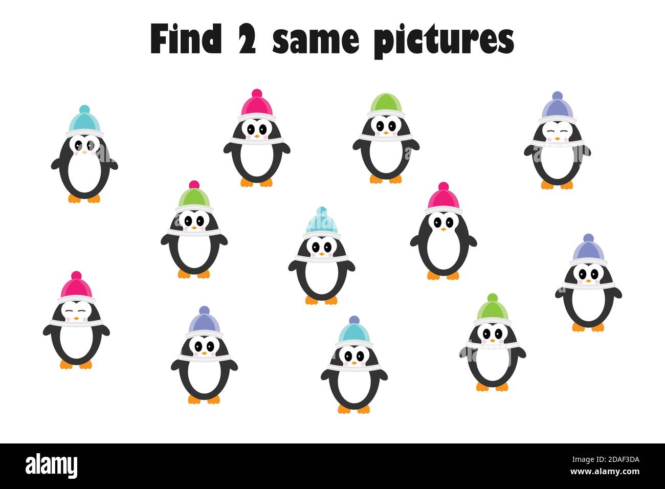 Finden Sie zwei identische Bilder, Spaß Bildung Spiel mit Pinguinen im Cartoon-Stil, für Kinder, Vorschule Arbeitsblatt Aktivität für Kinder,, Aufgabe für die Stock Vektor