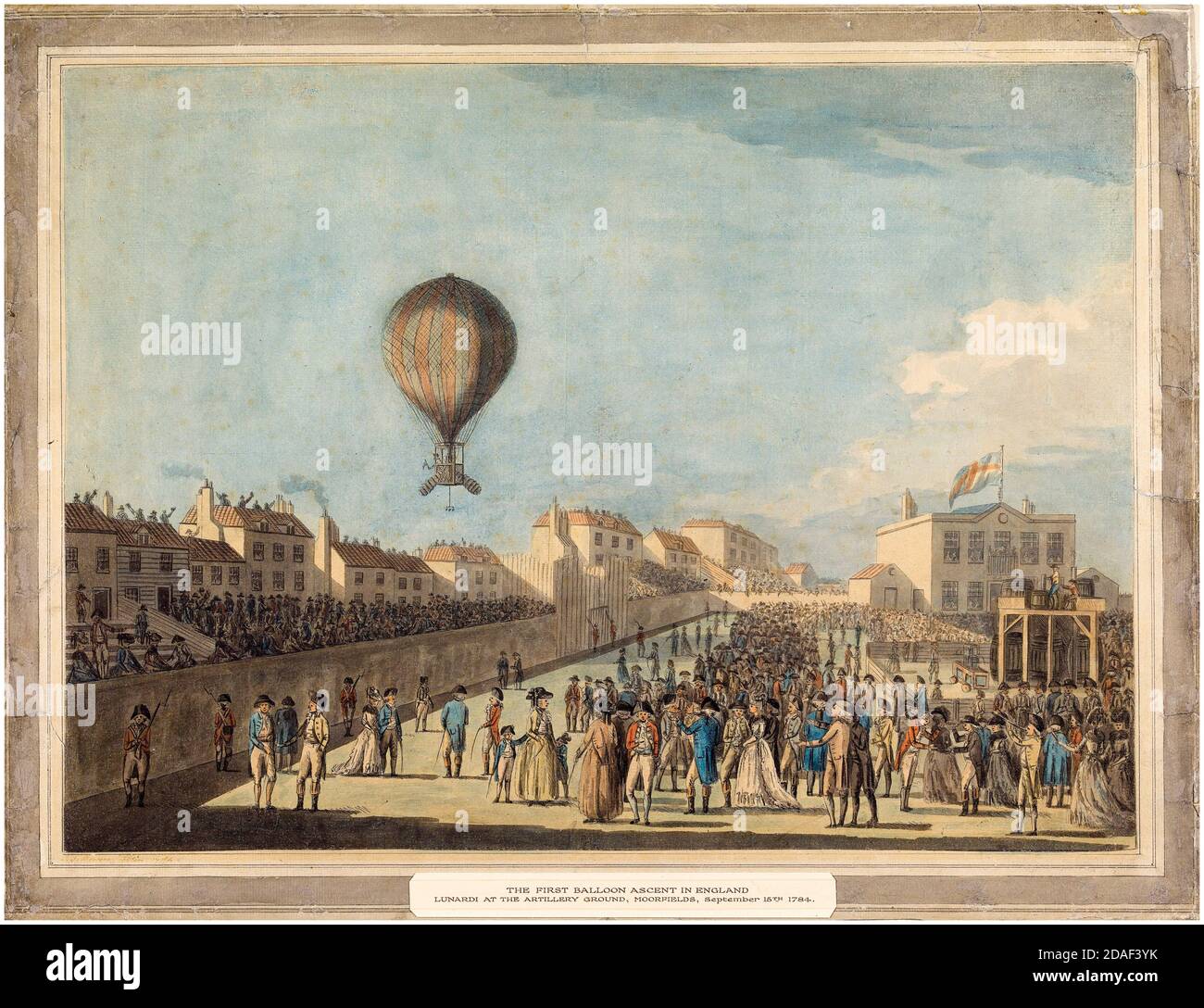Francis Jukes, der erste bemannte Ballonflug in England, 15. September 1784, durchgeführt von Vincenzo Lunardi, gedruckt um 1784 Stockfoto