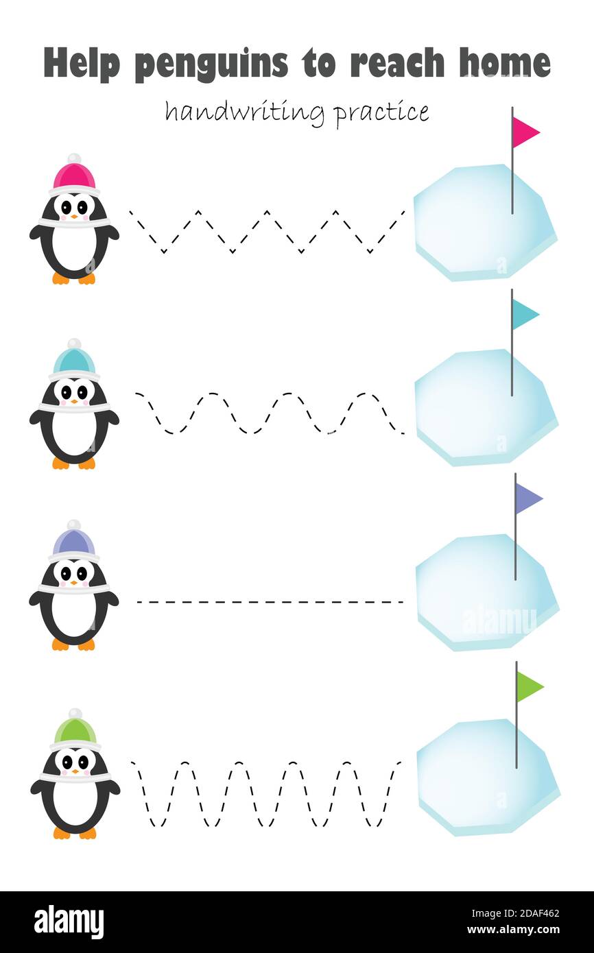 Pinguin Cartoon-Stil, Handschrift Praxis Blatt, Kinder Vorschule Aktivität, pädagogische Kinder Spiel, druckbare Arbeitsblatt, Schreiben Ausbildung, Hilfe Stock Vektor