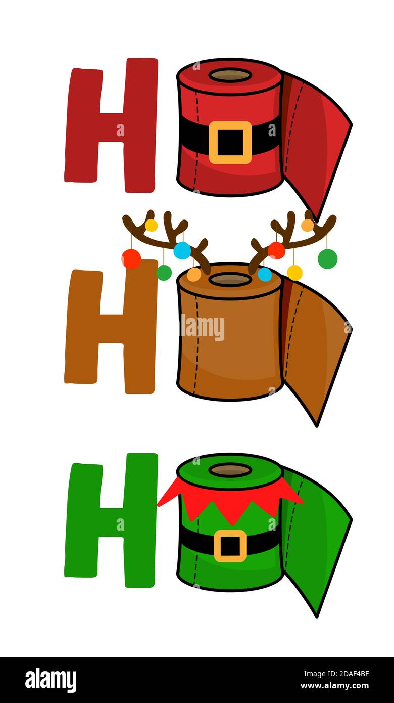 Ho Ho Ho Ho - Frohe Weihnachten 2020 Quarantäne, Cartoon Doodle Zeichnung Toilettenpapier in Santa und Elf Kostüm und mit Rentier Geweih. Text für Selbstqua Stock Vektor