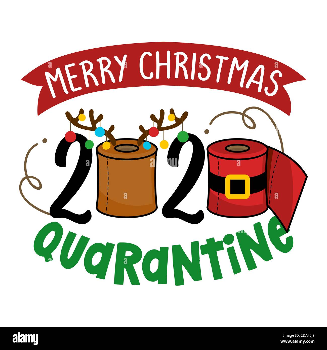 Merry Christmas 2020 Quarantine - Cartoon Doodle Zeichnung Toilettenpapier  in Santa Kostüm und mit Rentier Geweih. Text für Zeiten der  Selbstquarantäne. Xma Stock-Vektorgrafik - Alamy