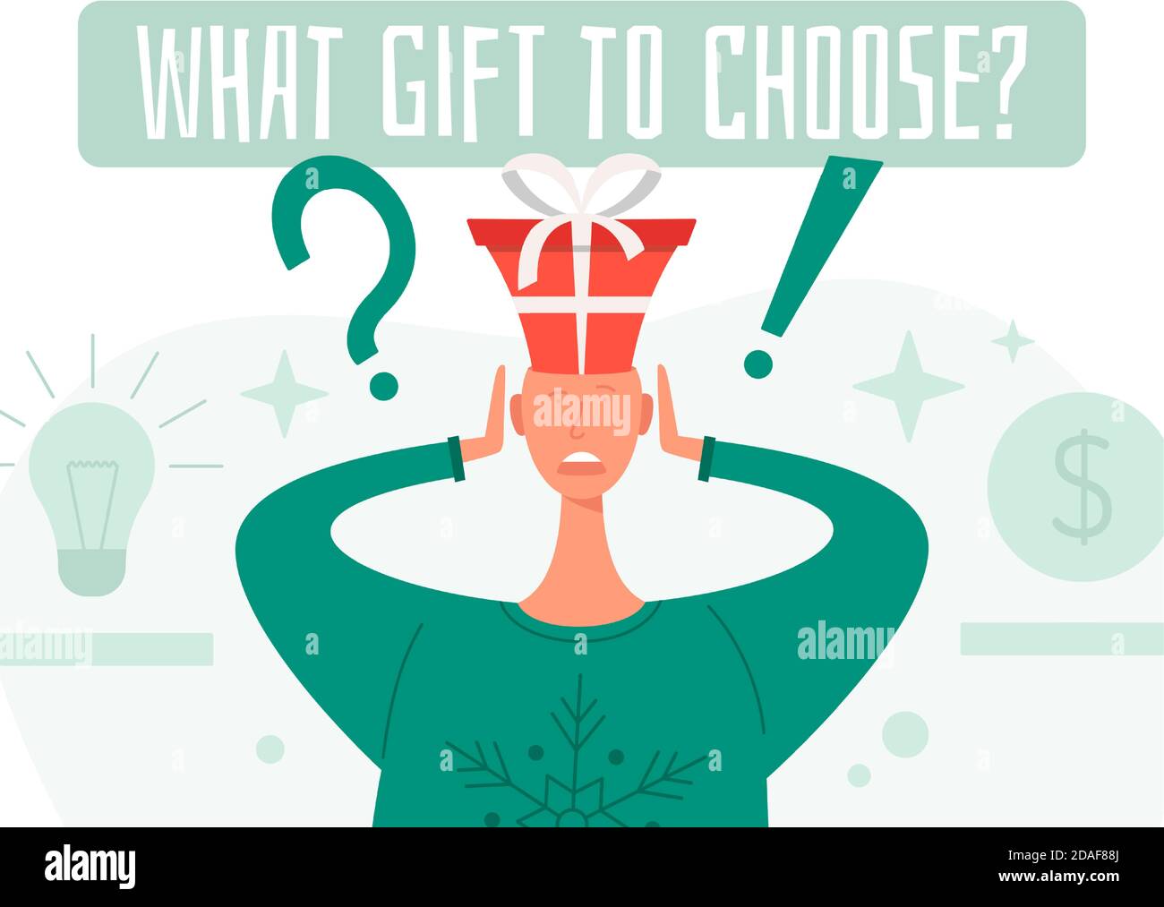 Welches Geschenk zu Konzept wählen. Schockiert Mann in einem neuen Jahr oder Weihnachtsanzug wählt Geschenke. Isolierter Neujahrsmännchen. Flache Cartoon Vektor Stock Illustration Stock Vektor