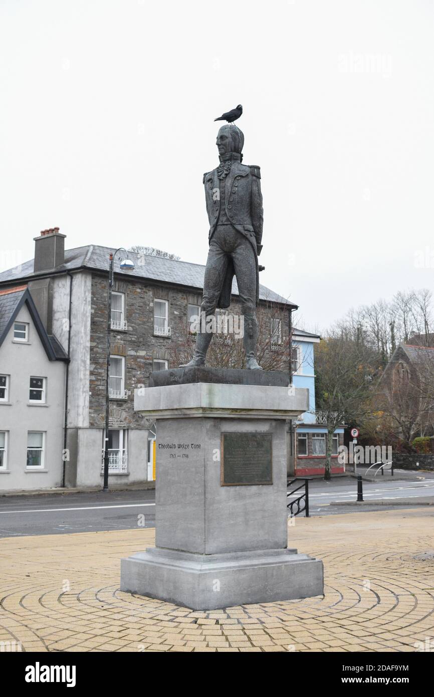 Ein Vogel sitzt auf der Theobald Wolfe Tone Statue in Wolfe Tone Square, Bantry, Co Cork. Irland. Stockfoto