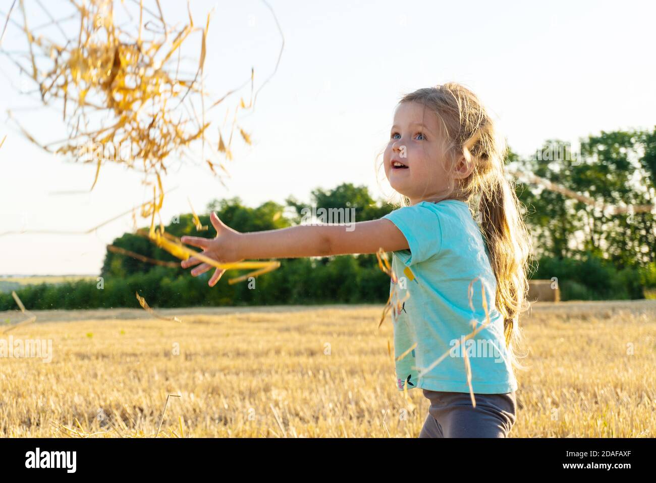 Kleines Mädchen spielt mit Weizengras auf dem Feld Stockfoto