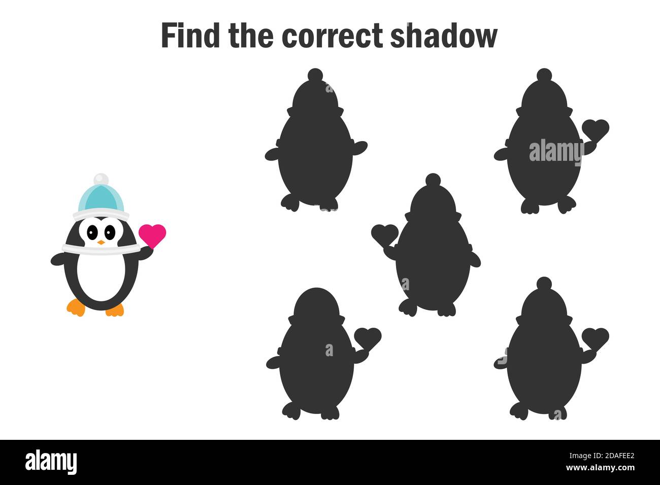 Finden Sie die richtige Schattenspiel für Kinder, Pinguin im Cartoon-Stil, Bildung Spiel für Kinder, Vorschule Arbeitsblatt Aktivität, Aufgabe für die Entwicklung Stock Vektor