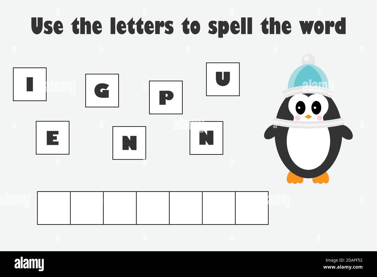 Verwenden Sie die Buchstaben, um das Wort buchstabieren, Pinguin im Cartoon-Stil, pädagogische Rechtschreibung Scramble Spiel für die Entwicklung von Kindern, Kinder Vorschule Stock Vektor