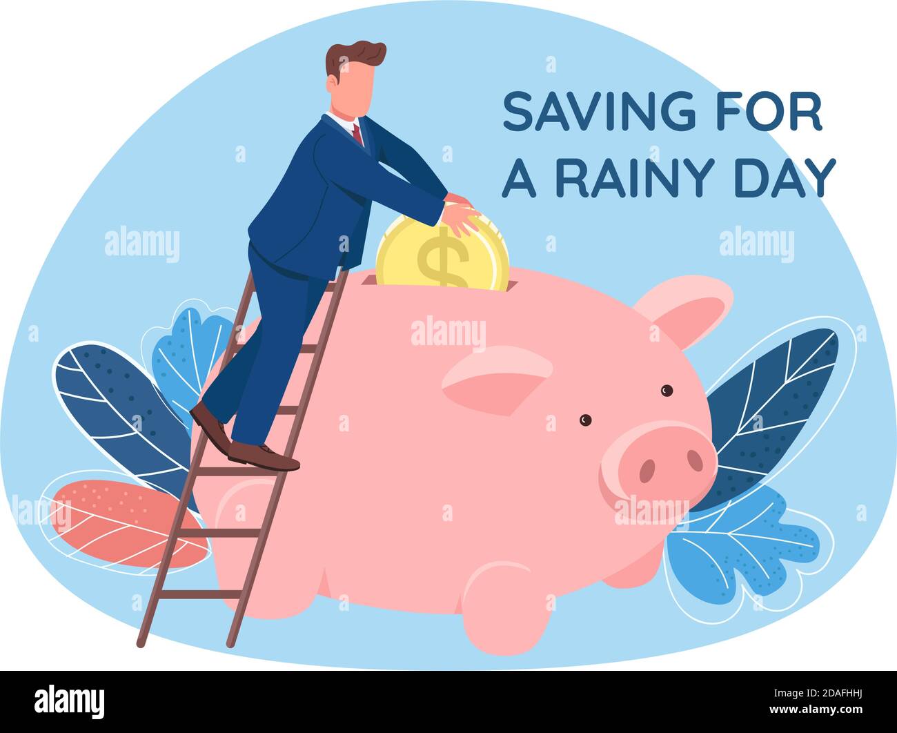 Mann Putting Münze in Sparschwein 2D Vektor-Web-Banner, Poster Stock Vektor