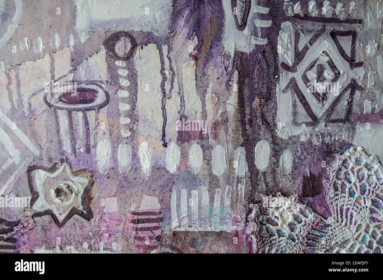 Abstrakte Malerei mit Fenster und Silhouette. Kunst abstrakt gemalten Hintergrund in violetten Farben. Grunge texturierter Hintergrund. Inneneinrichtung. Stockfoto