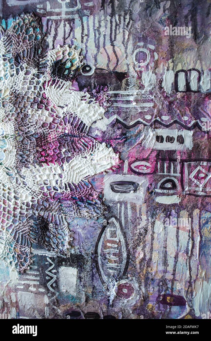 Abstrakte Malerei mit Fenster und Silhouette. Kunst abstrakt gemalten Hintergrund in violetten Farben. Grunge texturierter Hintergrund. Inneneinrichtung. Stockfoto