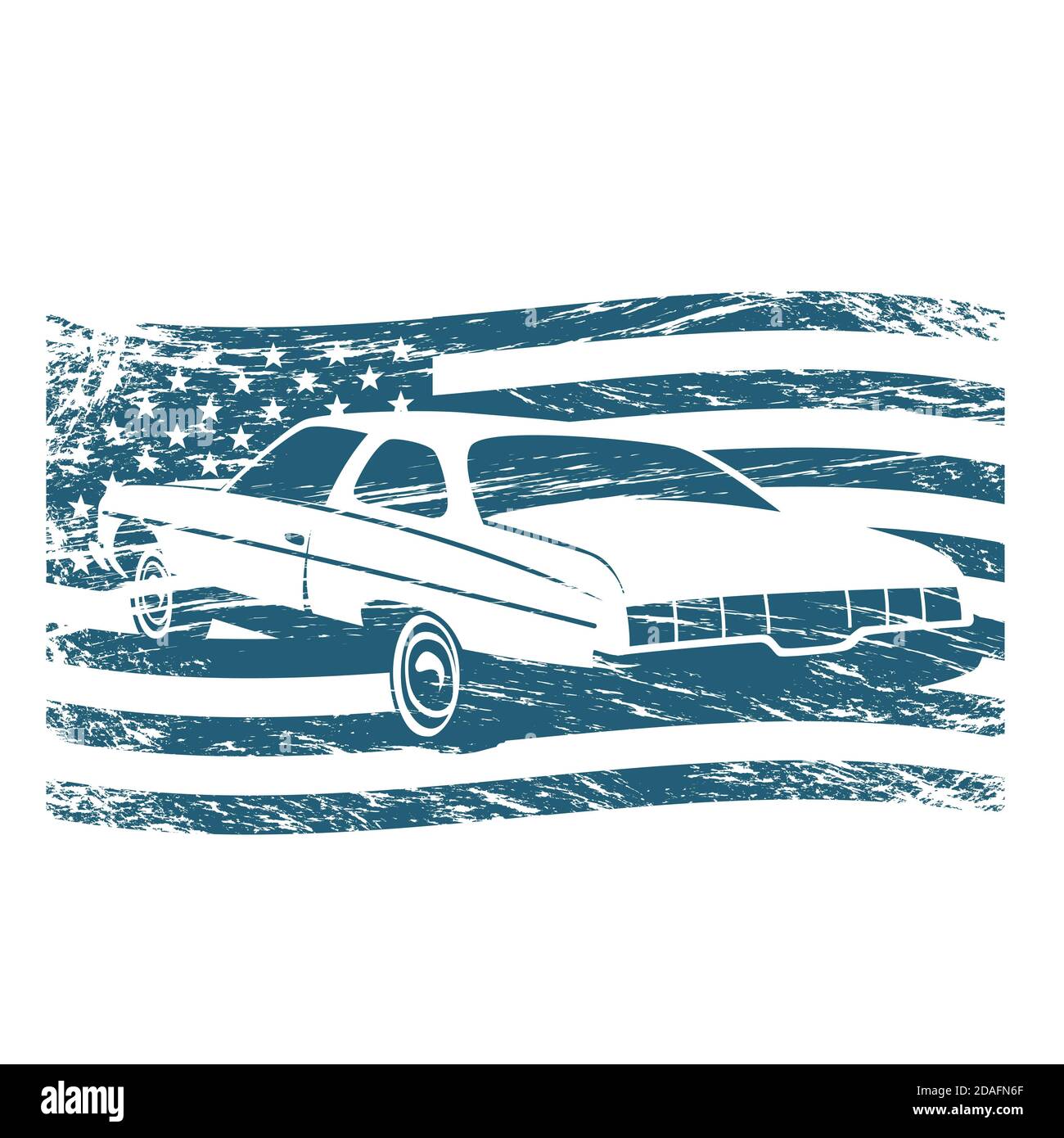 Klassisches amerikanisches Auto auf dem Hintergrund der amerikanischen Flagge ,Silhouette Stockfoto