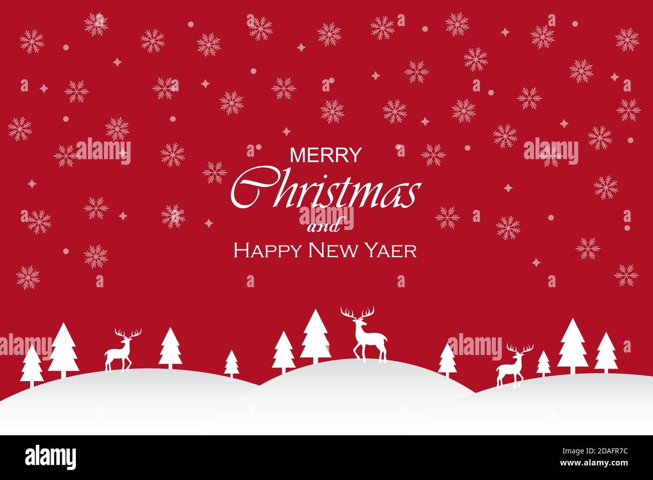 Frohe Weihnachten Schriftzug Banner mit einem roten Hintergrund und weiße Winter Idylle mit Schnee und Hirsch. Xmas Vorlage Karte Design-Konzept Stock Vektor