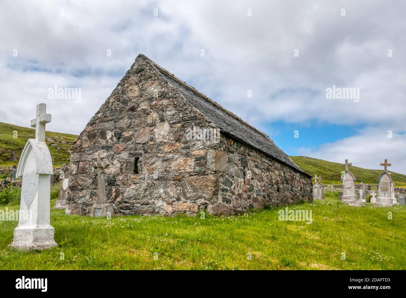 Kilbar Kapelle in Cille-bharra Grabstätte im Norden der Insel Barra in den Äußeren Hebriden. Stockfoto