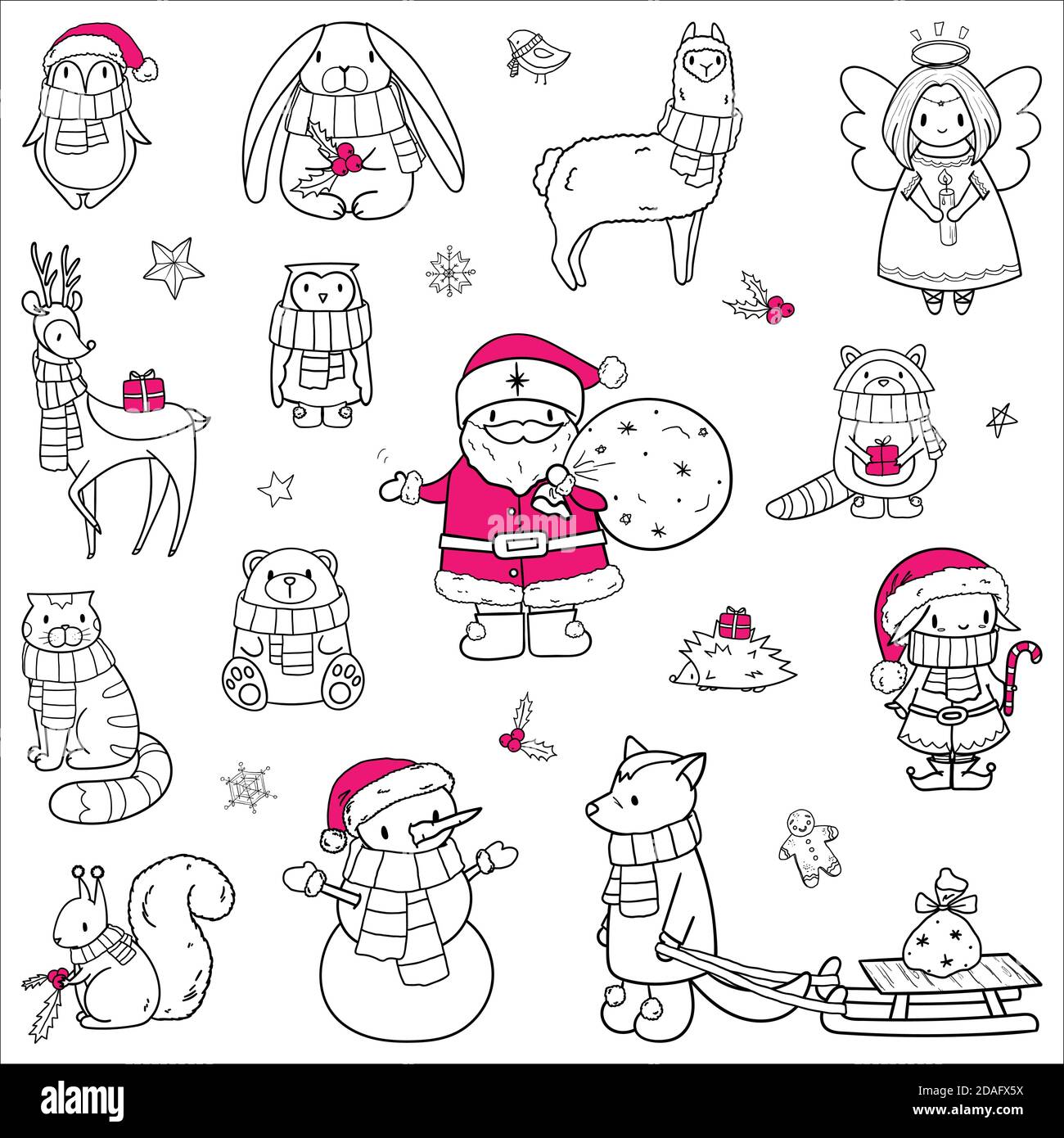 Weihnachten Tiere und Zeichen gesetzt. Handgezeichnete Doodle Outline Vektorgrafik. Santa, Elf, Schneemann, Engel, Katze, Waschbär, Bär, Eichhörnchen, Hase Stock Vektor