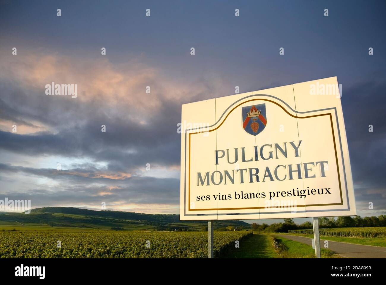 Puligny-Montrachet Schild am Eingang zu Weinbergen und Weindorf, Puligny-Montrachet, Cote d'Or, Frankreich Côte de Beaune Stockfoto