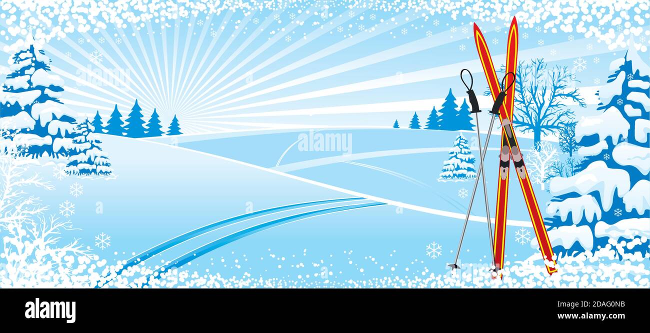 Hügelige Landschaft mit fallendem Schnee und Winterbäumen - Illustration, Vektor. Schnee, Weihnachtsbaum, Winter, Saison, Schneeflocke, Skifahren Stock Vektor