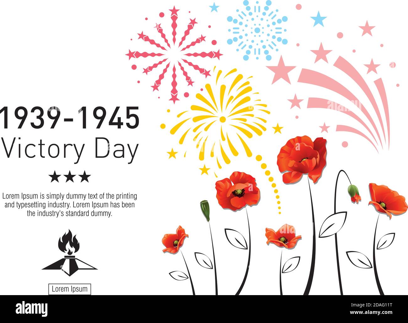 Tag des Sieges im Zweiten Weltkrieg. Rote Mohnblumen auf dem Hintergrund des festlichen Feuerwerks. Der Text mit den Sternen und dem ewigen Feuer. Stock Vektor
