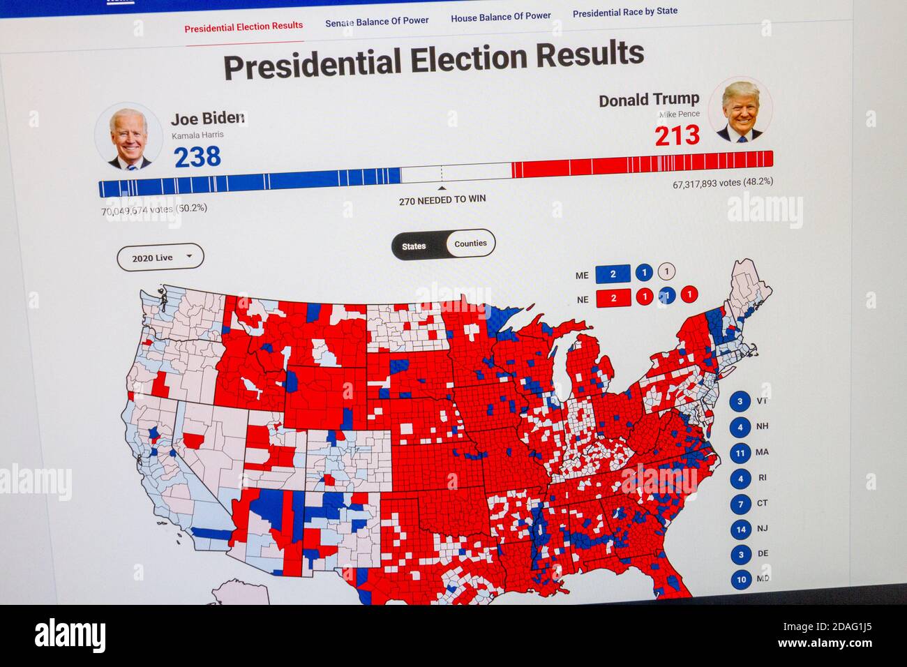 Fox News Screenshot zeigt den aktuellen Stand der US-amerikanischen Landkreise während der Präsidentschaftswahl 2020 am 4. November 2020. Stockfoto