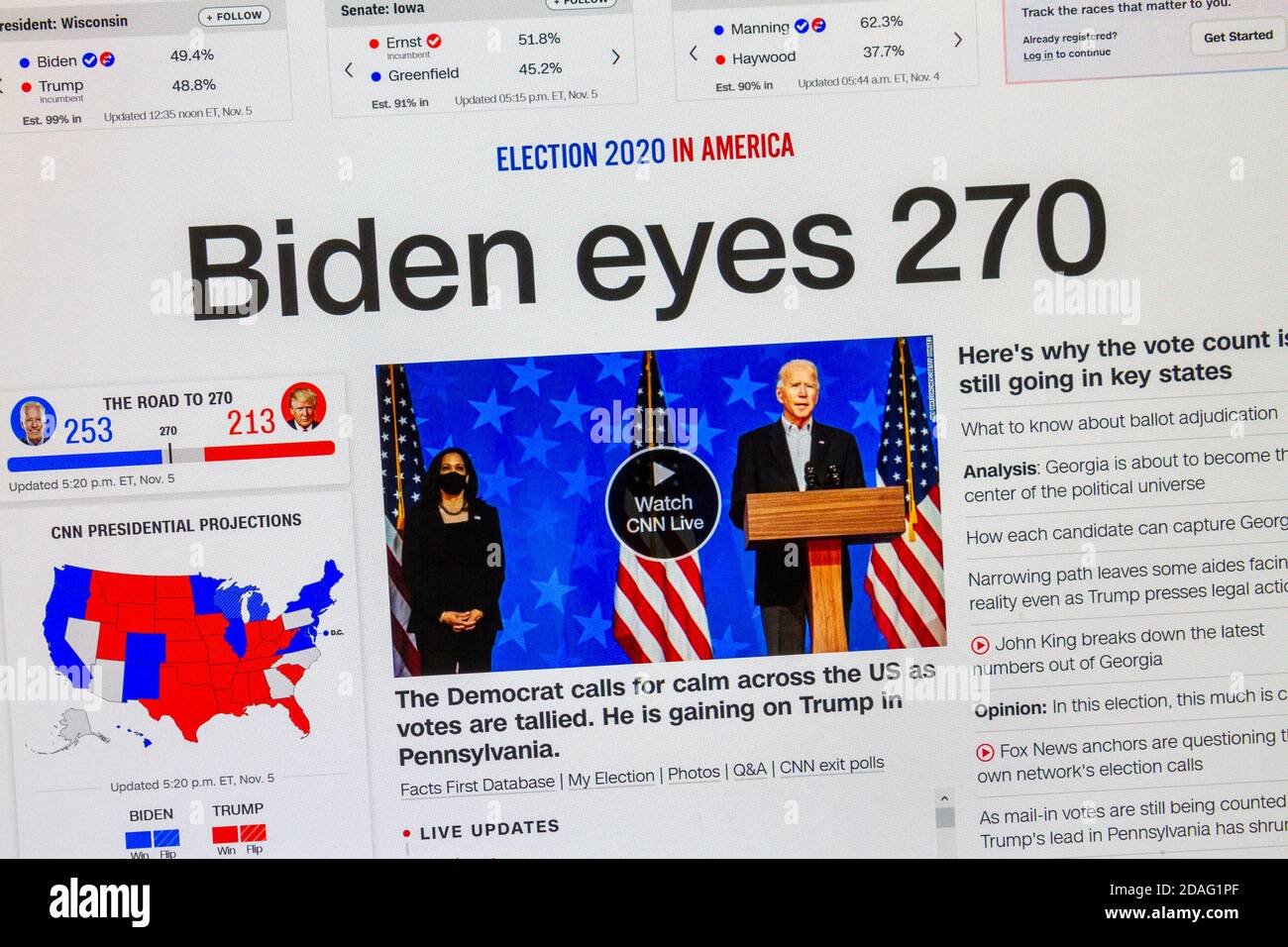 CNN 'Biden Eyes 270' Headline Screenshot, 5. November 2020, als Joe Biden kurz vor dem Sieg bei den Präsidentschaftswahlen 2020 stand. Stockfoto