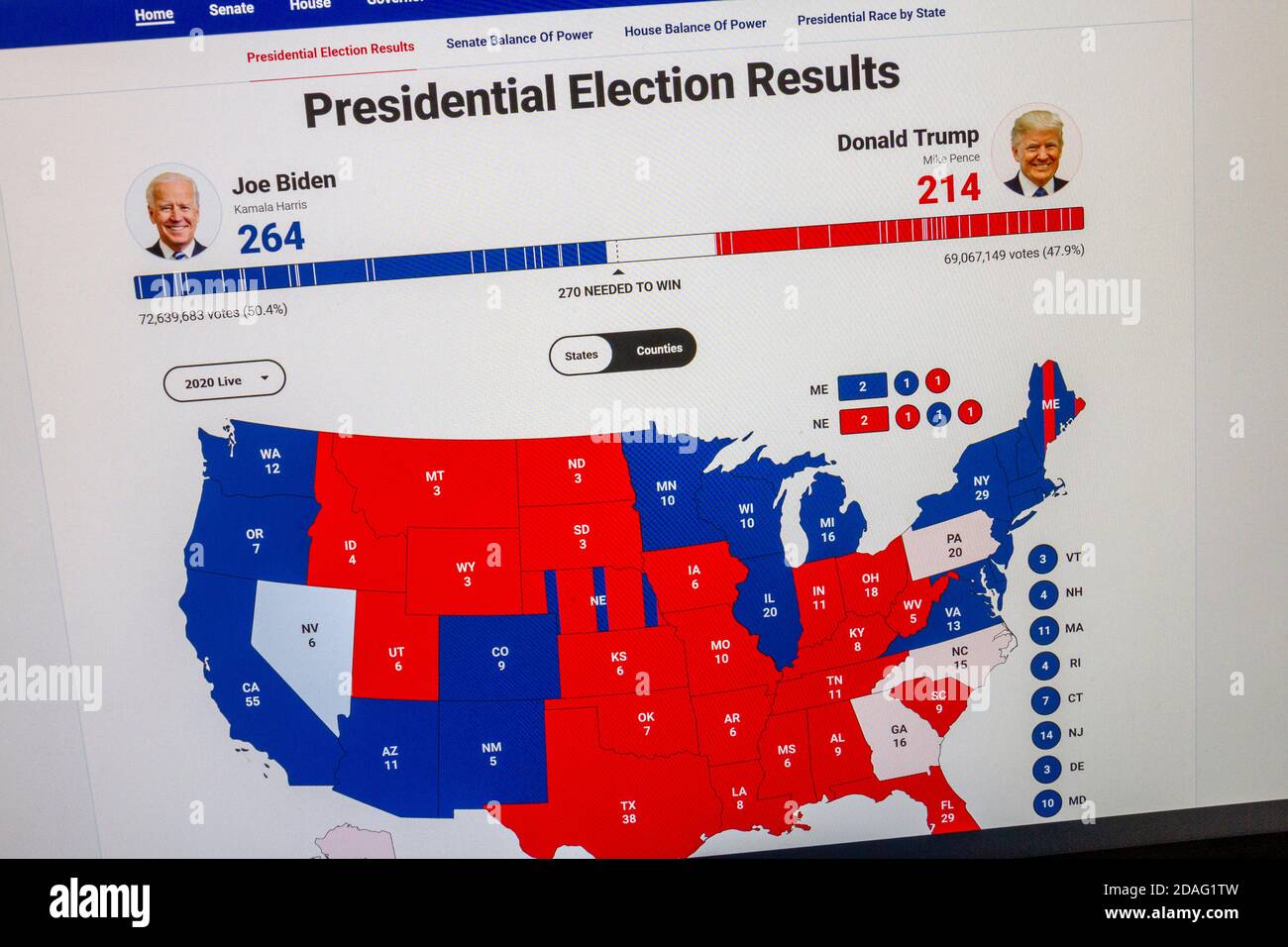 Fox News Screenshot zeigt den Stand der Dinge auf einer Karte der Vereinigten Staaten während der Präsidentschaftswahl 2020 am 5. November 2020. Stockfoto