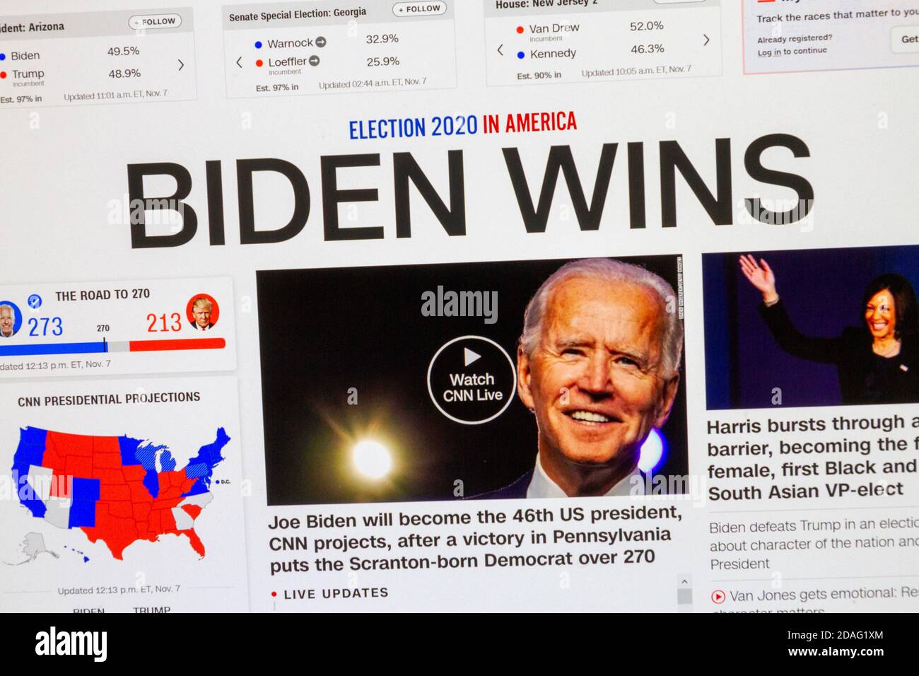 CNN 'BIDEN WINS' Headline Screenshot, 7. November 2020, als Joe Biden zum Sieger der Präsidentschaftswahlen 2020 in den Vereinigten Staaten erklärt wurde. Stockfoto