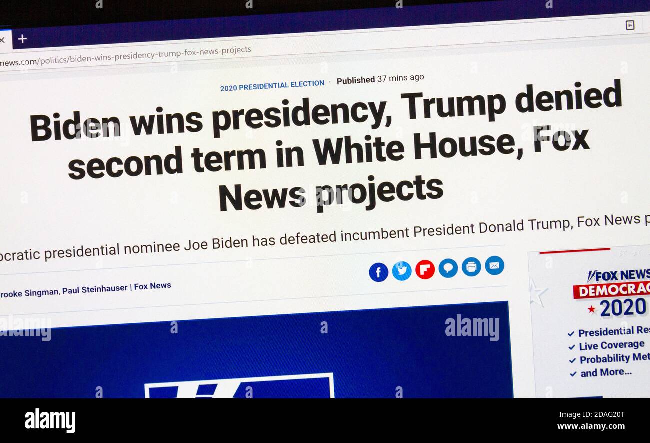 Fox News Headline Screenshot, 7. November 2020 als Joe Biden zum Sieger der Präsidentschaftswahl 2020 in den Vereinigten Staaten erklärt wurde. Stockfoto