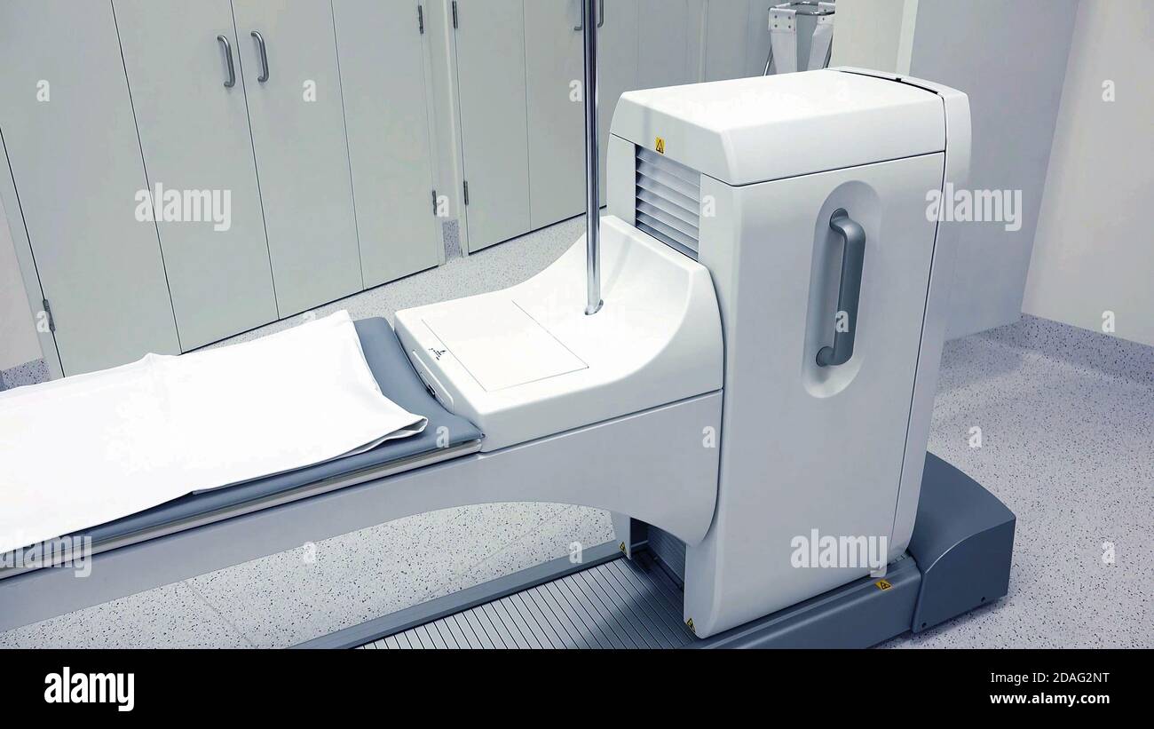 Patiententisch in modernen MRI-Scanner-Maschine, medizinische Geräte und Gesundheitsmaschinen Teile Stockfoto