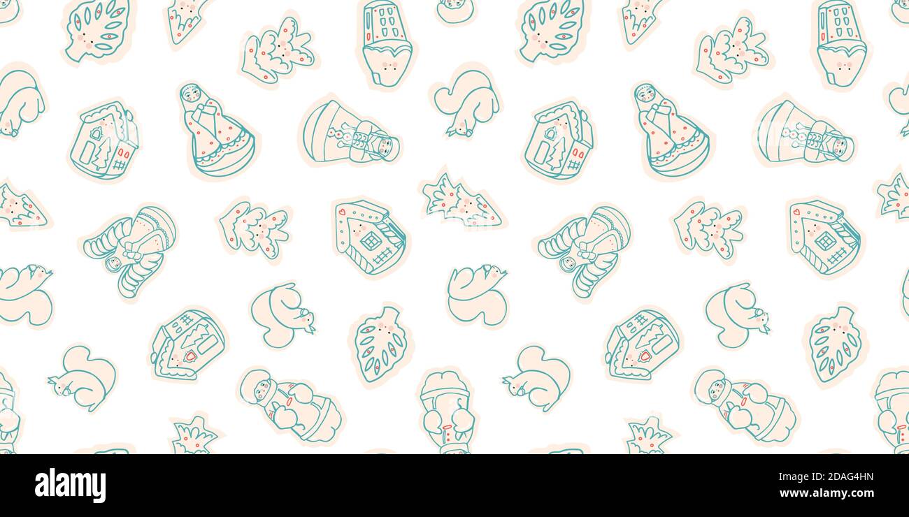 Vektor Doodle niedlich kawaii weihnachten Ornament nahtlose Muster. Handgezeichnetes Linienkunstdesign. Lebensmittel, Verpackung, Geschenkverpackung. Modernes Bürstendesign. Perfekt für Ihre festliche Familienfeier. Stock Vektor