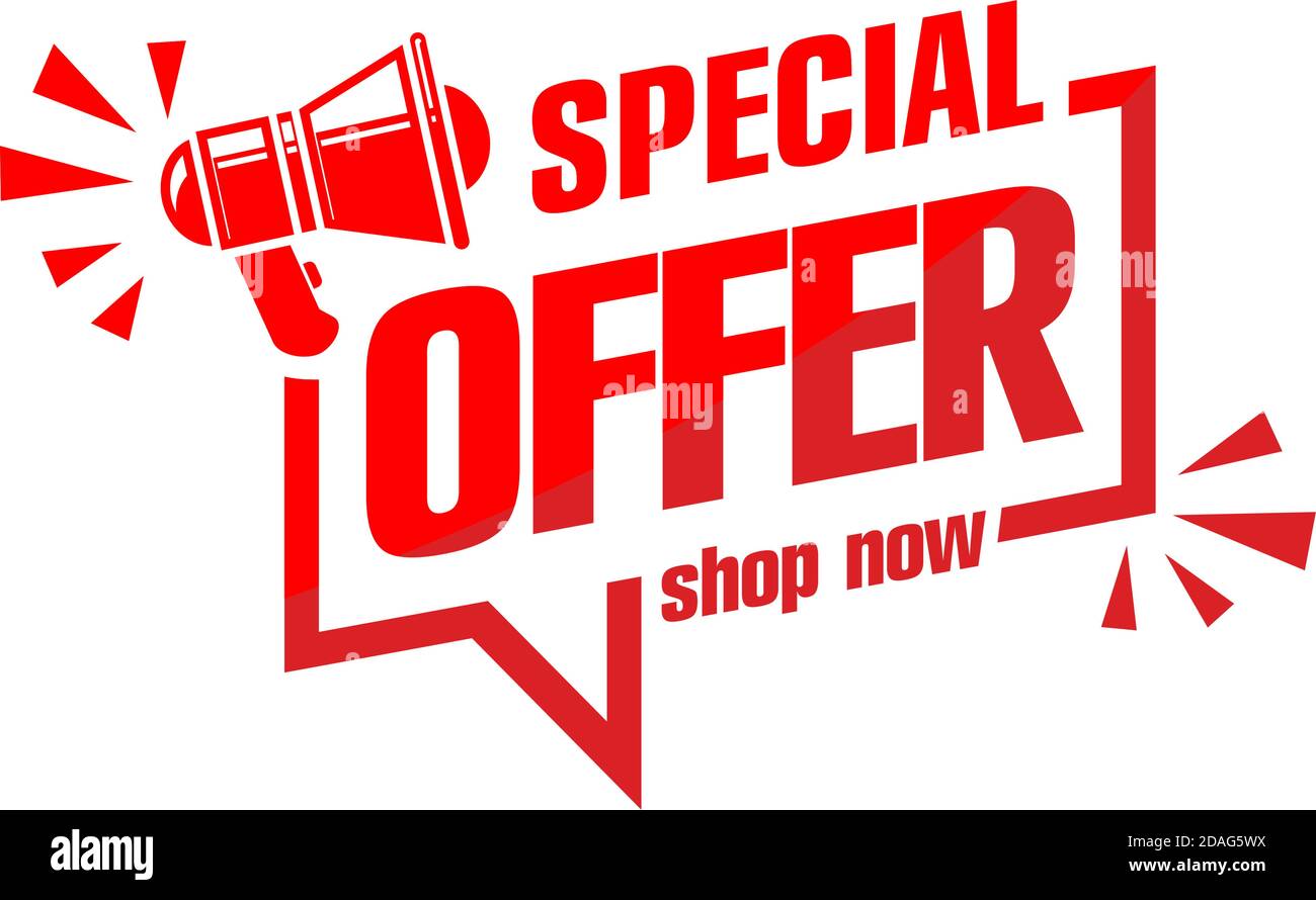 Rabatt Aufkleber Form mit Megaphon. Sonderangebot rotes Schild. Sale Coupon Rahmen Symbol auf transparentem Hintergrund. Modernes Konzeptdesign. Abbildung, Stock Vektor