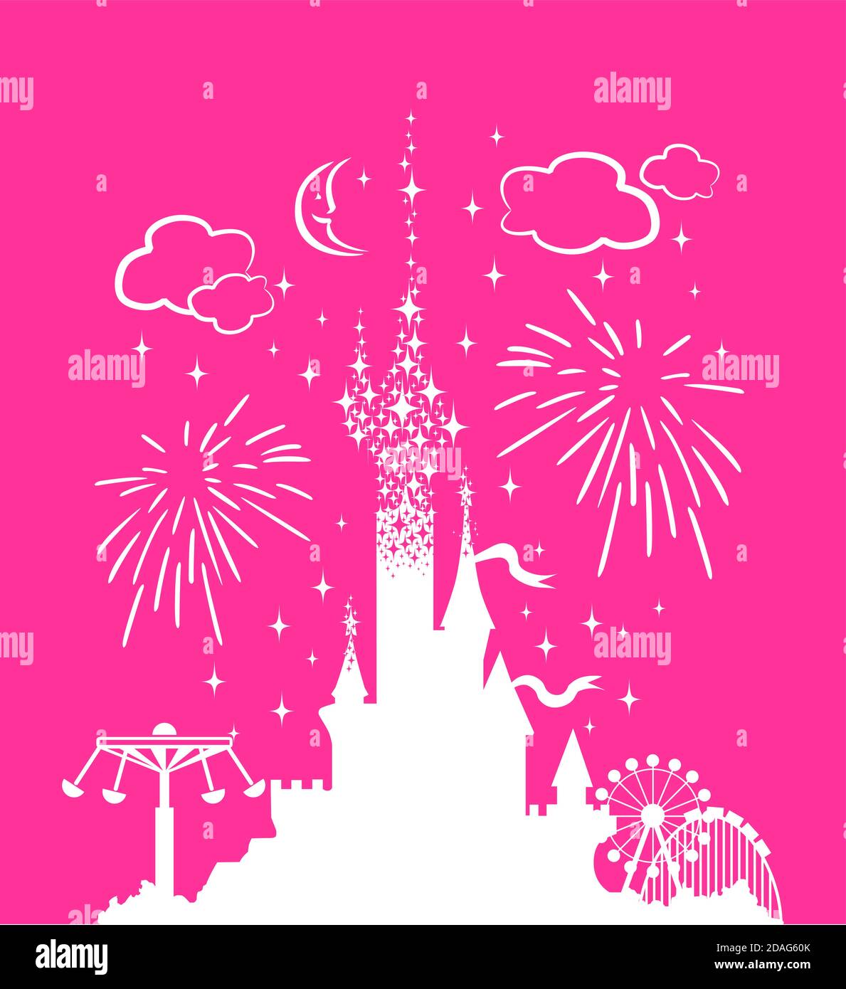 Princess Castle. Fantasy rosa Palast auf dem Hintergrund von Feuerwerk und Sternen. Märchenhafter Königlicher Mittelalterlicher Paradies Palast. Cartoon Vektorgrafik. Stock Vektor