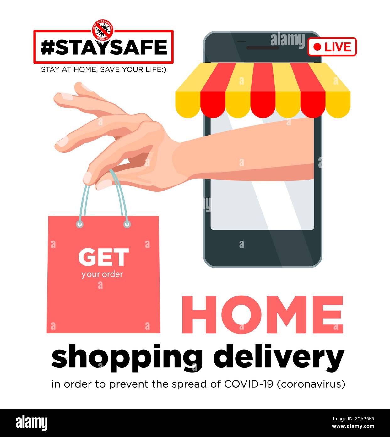 Bleiben Sie mit Ihrer Social-Media-Kampagne zu Hause und verhindern Sie eine Coronavirus-Infektion. Einkaufen Lieferung Internet-Käufe. Soziale Werbung, Poster, Aufkleber Stock Vektor