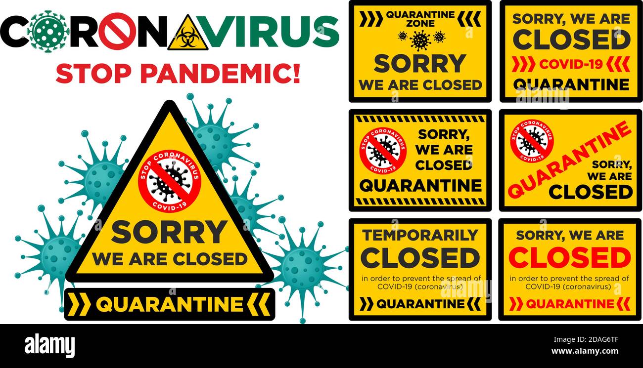 Das Büro wird vorübergehend durch das Coronavirus-Zeichen in der Farbe der bakteriologischen Gefahr geschlossen. Warnschild für Informationen zu Quarantänemaßnahmen in Pub Stock Vektor