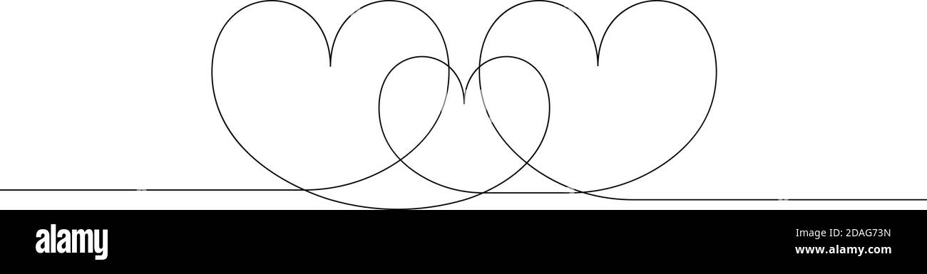 Kontinuierliche Herzzeichnung mit einer Linie. Schwarze Kontur Liebe Zeichen Doodle Stil, abstrakte lineare Kunst-Design drei Herzen isoliert auf weißem Hintergrund. Zwei große Stock Vektor