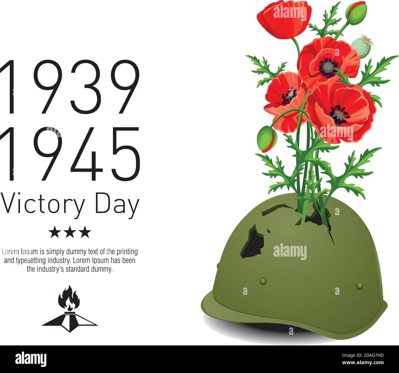 Tag des Sieges im Zweiten Weltkrieg. Rote Mohnblumen wachsen aus durchbohrtem Militärhelm. Stock Vektor