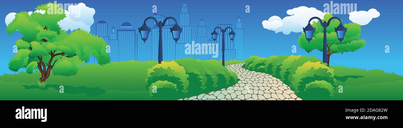 Grüne Sommerlandschaft des Stadtparks und Wolkenkratzer in der Ferne. Stock Vektor