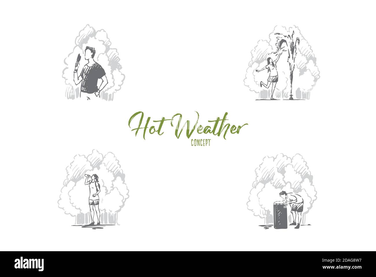 Heißes Wetter - Leute essen Eis, spielen mit Brunnen, trinken viel Wasser auf Sommer Vektor-Konzept-Set Stock Vektor